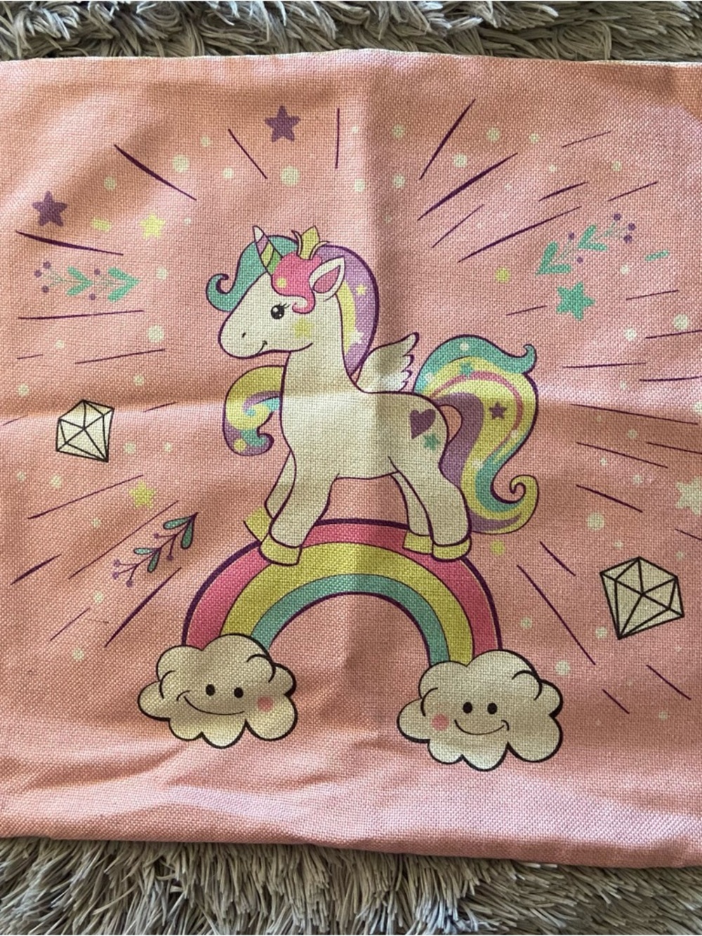 Throw Pillow Cover 17” Square UNICORN Rainbow/Clouds - Pink - Bedroom Playroom